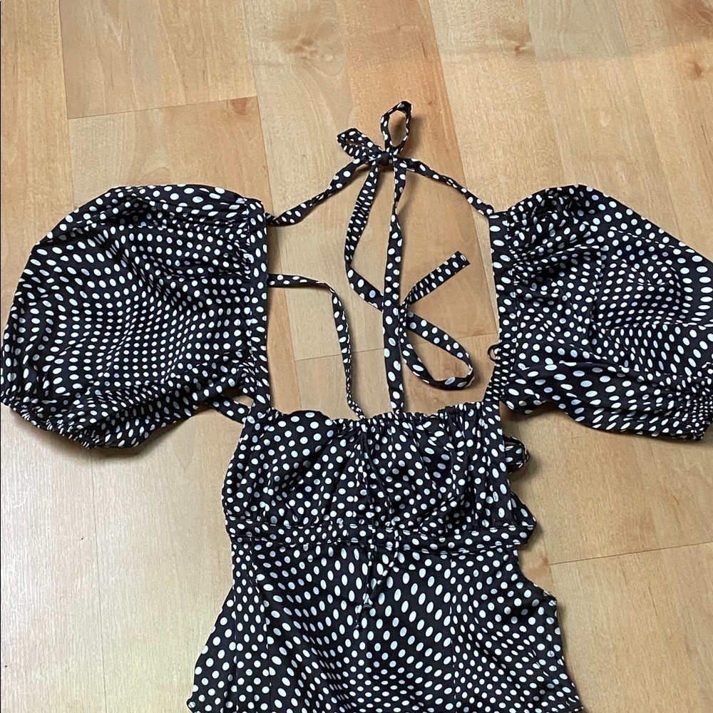 Free People Dany Bodysuit NWT XL Black Polka Dot Puff Sleeve Cutout - Picture 7 of 12